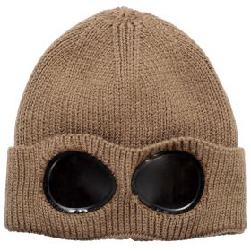 Unisex Knit Beanie Hat with Goggle Chunky Winter Warm Hat Skull Cap 4 Colors (Option: Khaki)
